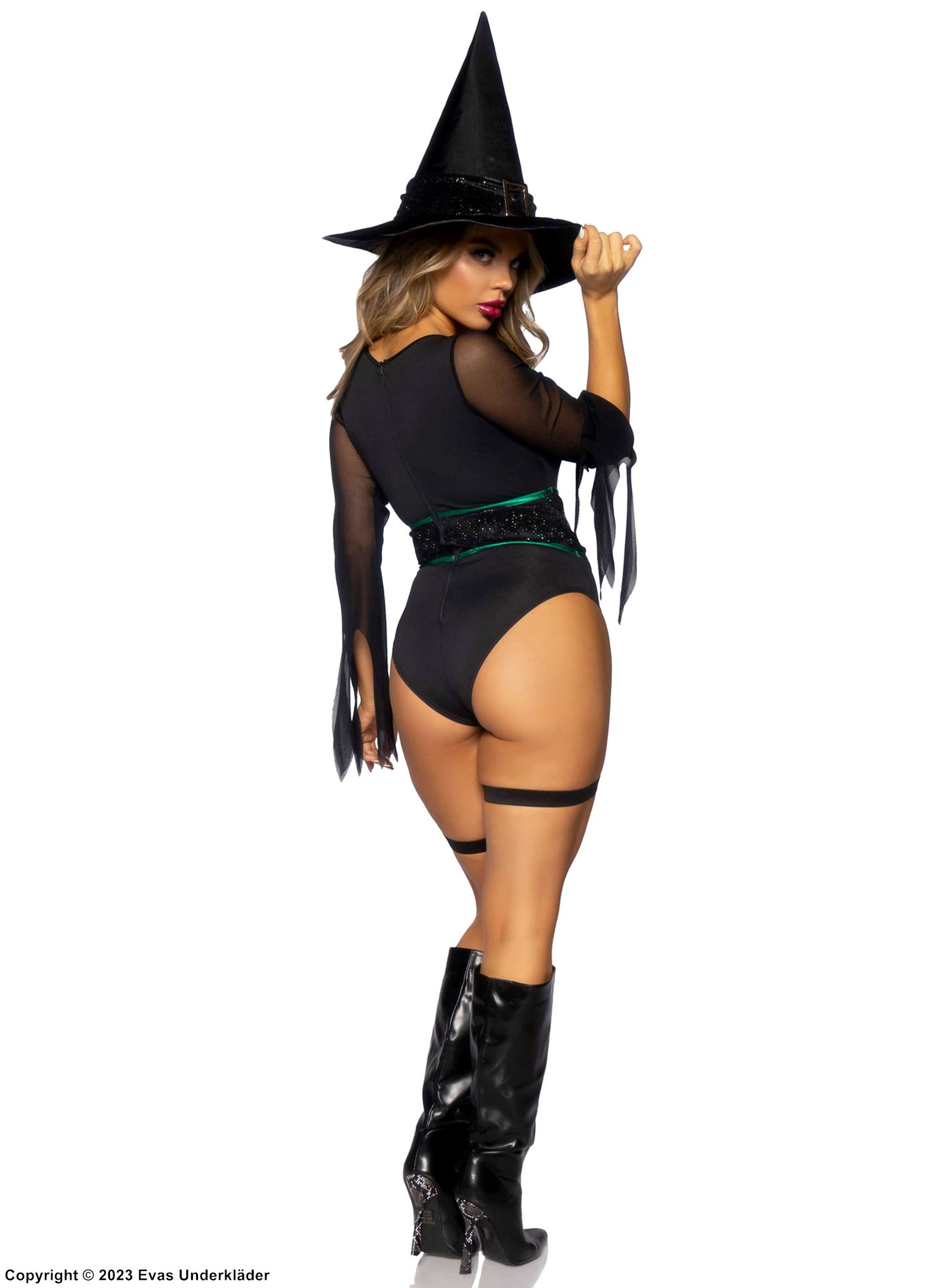 Witch, teddy costume, crossing straps, tattered sleeves